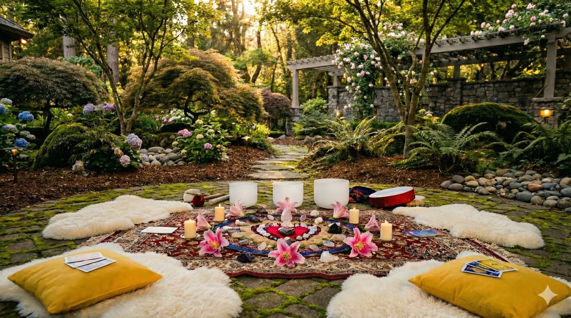 Outdoor sacred ceremony setup with crystal singing bowls, candles, flowers, and cushions arranged in a garden